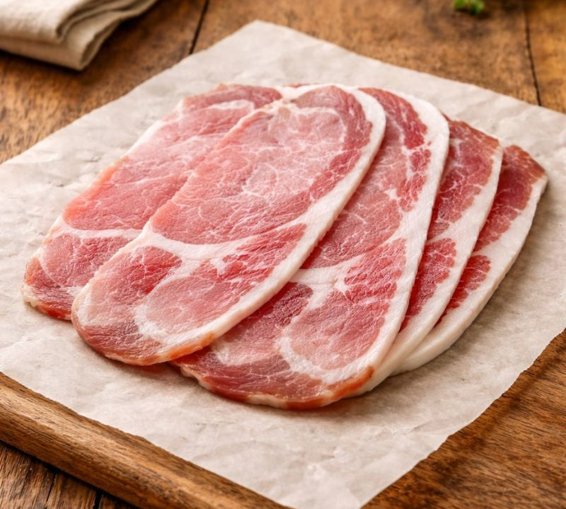 Rindless unsmoked middle bacon 300g pack by The Black Farmer, premium British pork rashers ready to cook