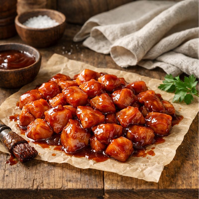 Plated dish of barbecue chicken on a wooden board with a potted plant in the background.