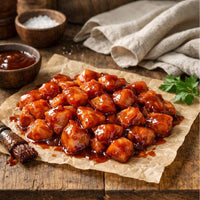 Plated dish of barbecue chicken on a wooden board with a potted plant in the background.