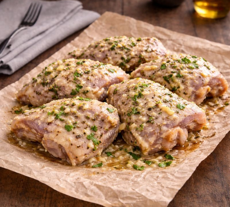 Raw chicken thighs with herbs and spices on a dark slate board