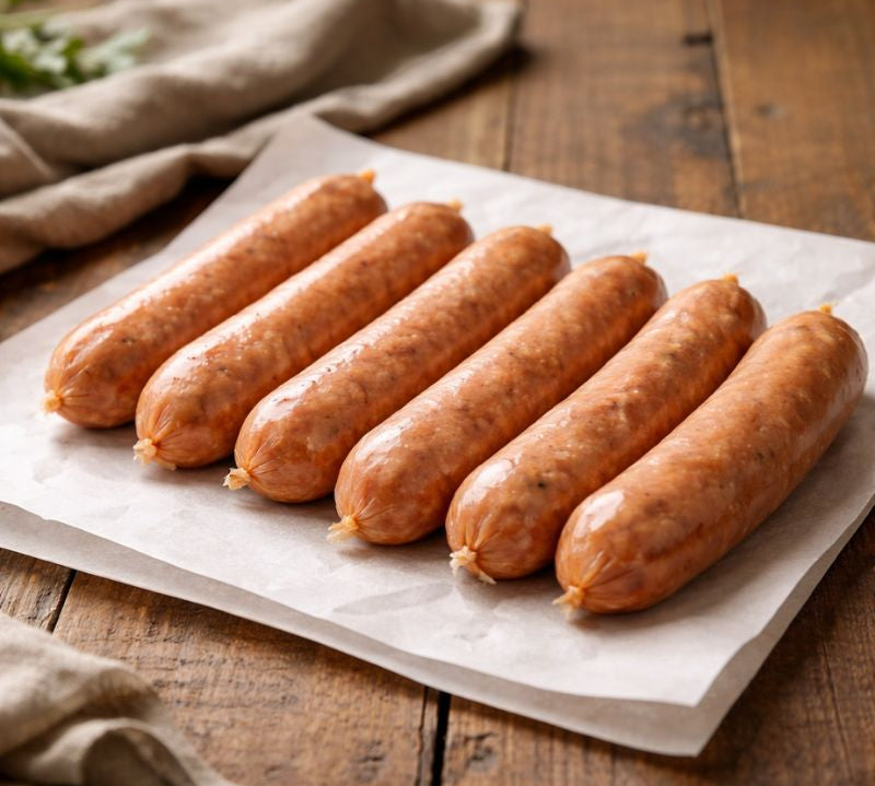 raw chorizo sausages on a wooden cutting board with herbs and spices