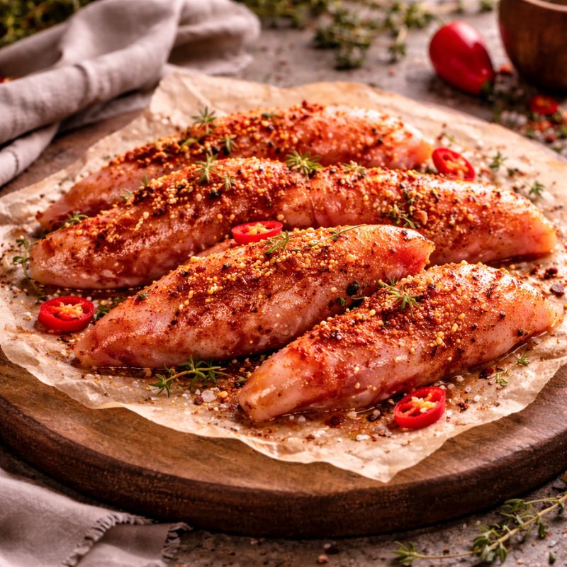 Raw chicken breasts seasoned with spices on a wooden board with herbs and tomatoes.