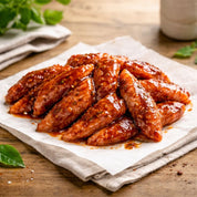 raw Sticky-BBQ marinated chicken mini fillets on a board with glaze and herbs – The Black Farmer.