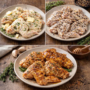 Three stages of chicken preparation on a wooden surface with herbs and spices.