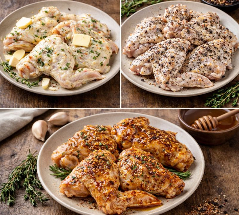 Three stages of chicken preparation on a wooden surface with herbs and spices.