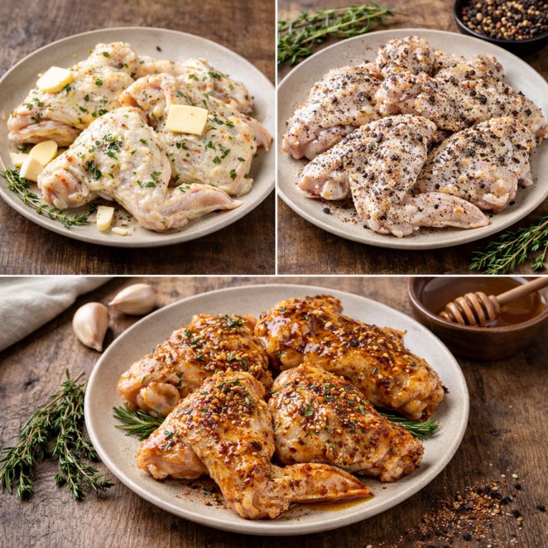 Three stages of chicken preparation on a wooden surface with herbs and spices.