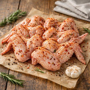 Stack of seasoned chicken wings on a wooden cutting board with a rustic background