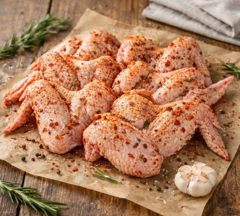 Stack of seasoned chicken wings on a wooden cutting board with a rustic background