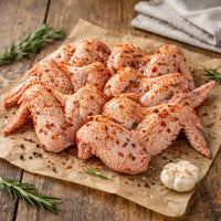 Stack of seasoned chicken wings on a wooden cutting board with a rustic background