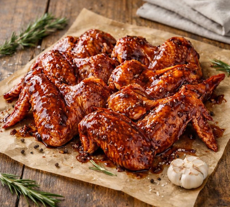 Stack of grilled chicken wings with sauce on a wooden board, garnished with rosemary, against a brick wall background.