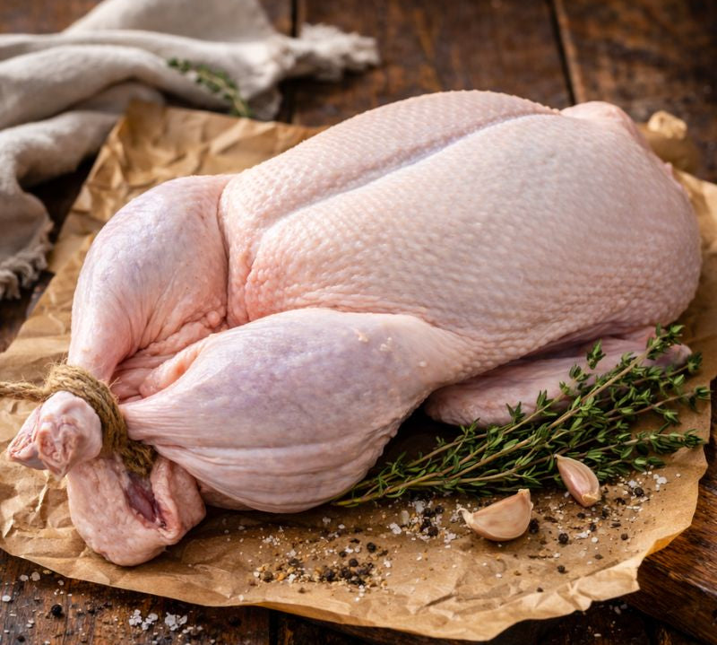 Raw duck on a wooden cutting board with herbs and spices