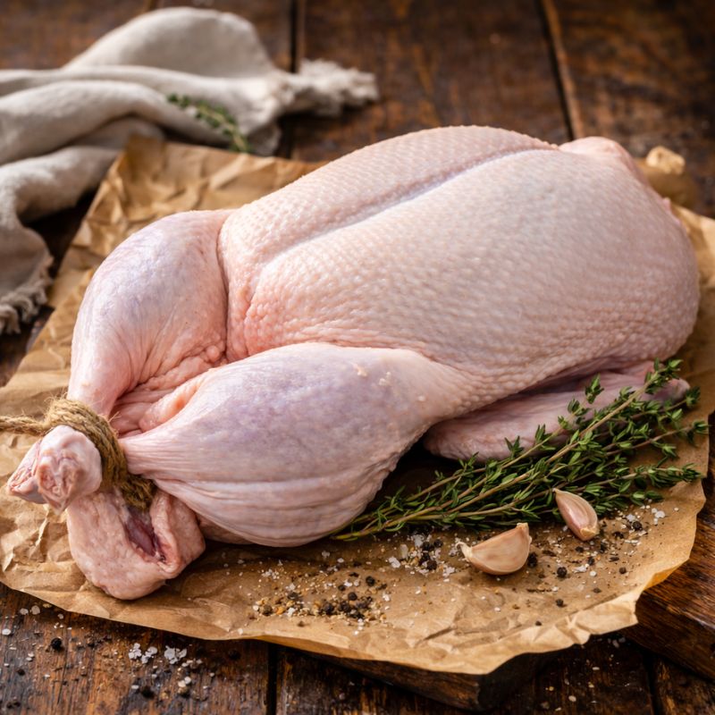 Raw duck on a wooden cutting board with herbs and spices