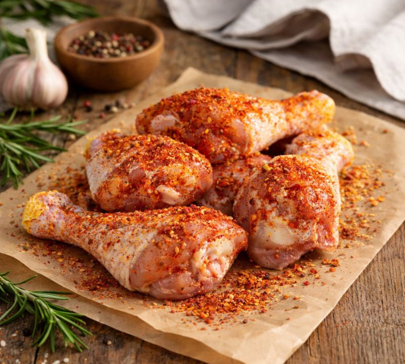 Raw chicken drumsticks on a wooden cutting board with a frying pan and vegetables in the background.
