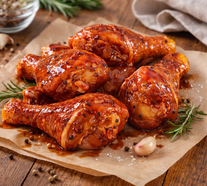 Sticky-BBQ marinated chicken drumsticks on a board with glaze and herbs – The Black Farmer.