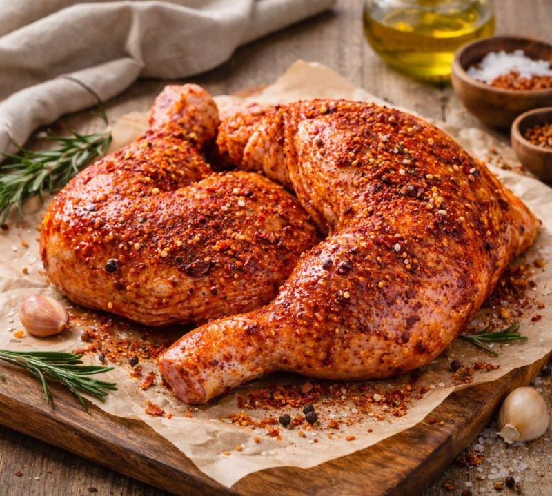 Spiced chicken leg on a wooden board with herbs and spices