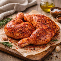 Spiced chicken leg on a wooden board with herbs and spices
