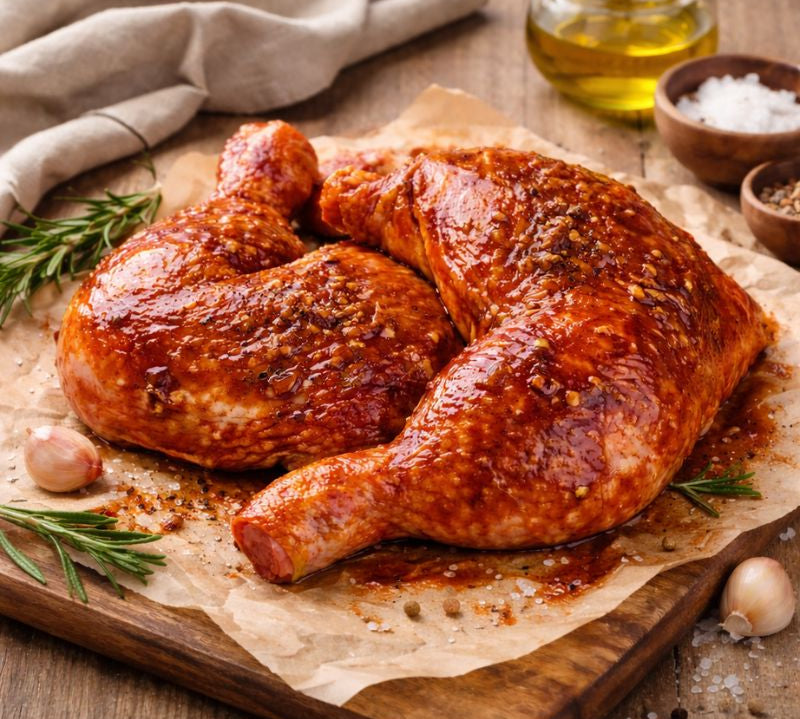 Sticky-BBQ glazed chicken legs (thigh & drumstick) on a board with herbs and dipping sauce – The Black Farmer