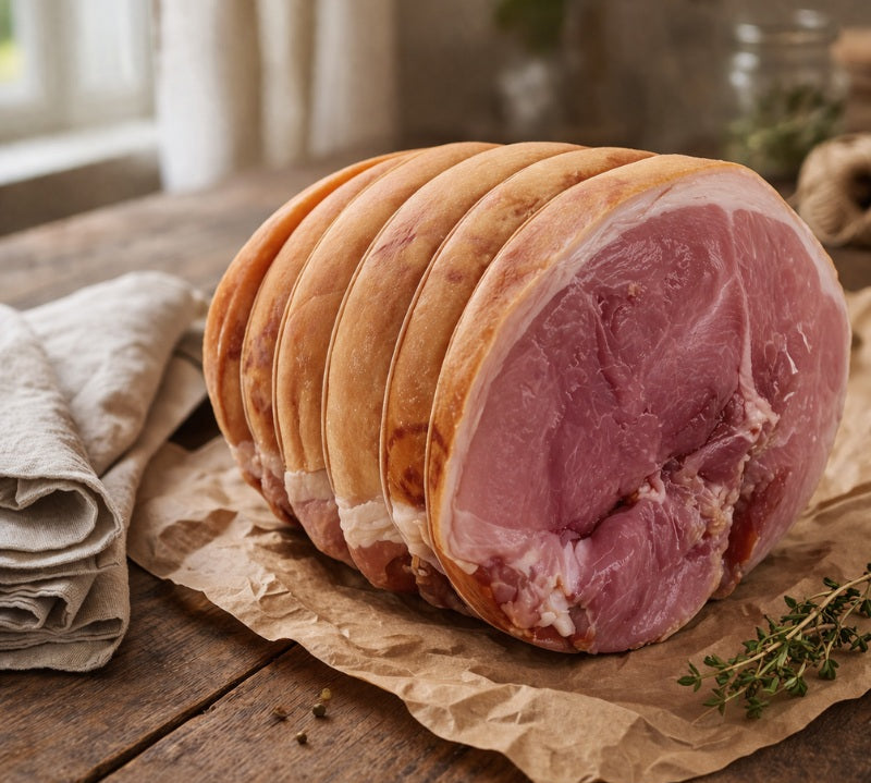 smoked gammon boneless and rolled on a butcher's paper