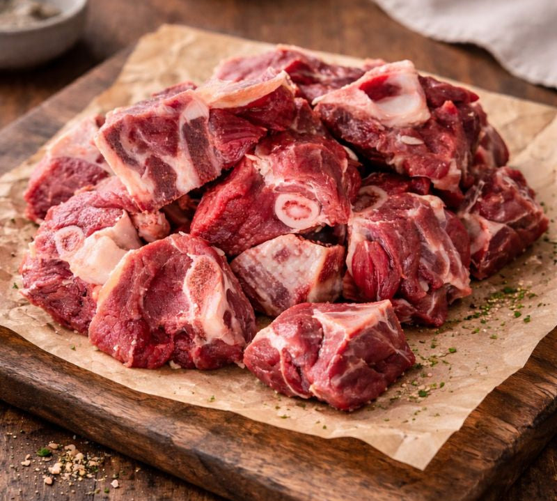 raw goat meat diced bone-in on a wooden board