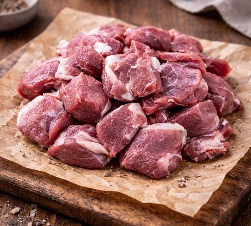 Raw goat chunks on a wooden cutting board with a paper towel underneath.
