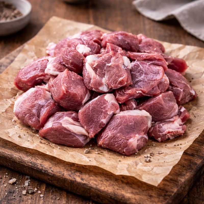 Raw goat chunks on a wooden cutting board with a paper towel underneath.