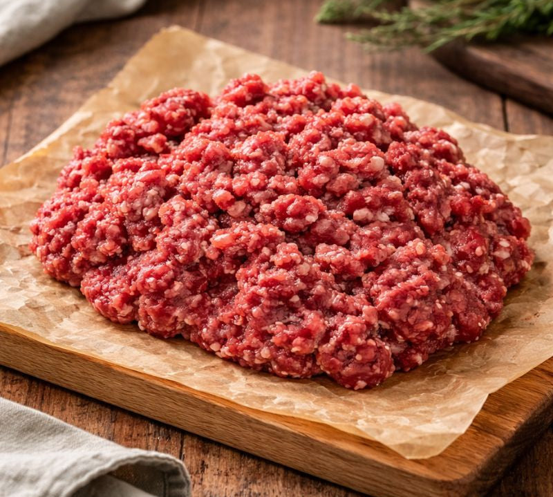 Ground meat in a wooden bowl with rosemary on a rustic background