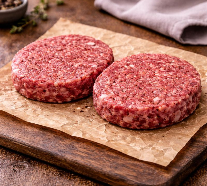 Two raw jerk-seasoned goat burger patties on a board with spices, garlic and herbs – The Black Farmer.