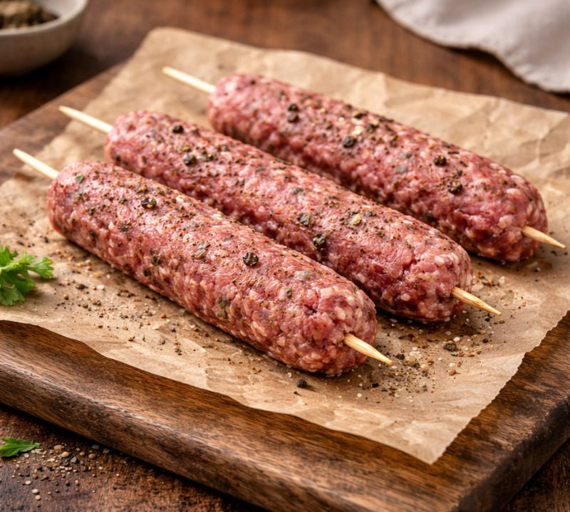 Three raw meat skewers on a wooden cutting board with a wooden background.