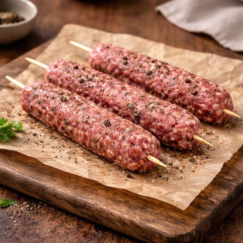 Three raw meat skewers on a wooden cutting board with a wooden background.