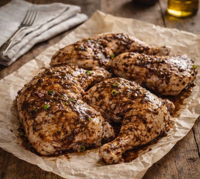 Jerk-marinated chicken leg quarter on a wooden board with jerk glaze and herbs – The Black Farmer.