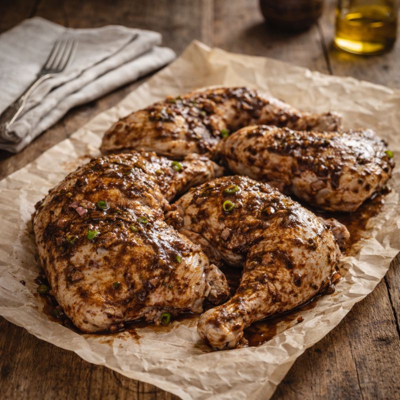 Jerk-marinated chicken leg quarter on a wooden board with jerk glaze and herbs – The Black Farmer.