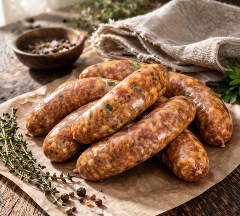 Raw jerk chicken sausages on brown paper with herbs and spices on a wooden surface