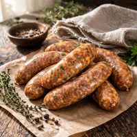 Raw jerk chicken sausages on brown paper with herbs and spices on a wooden surface