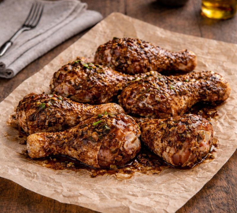 Seasoned chicken drumsticks on a wooden cutting board with a small bowl of spices.