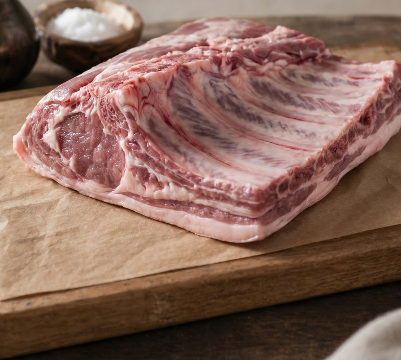 raw lamb breast bone-in on a wooden board