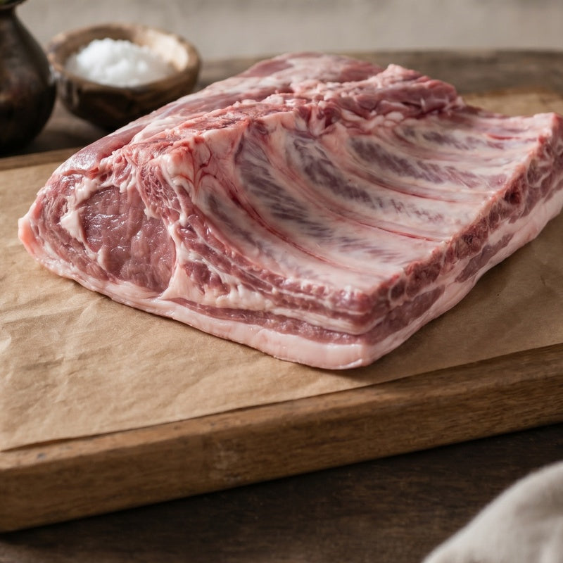 raw lamb breast bone-in on a wooden board
