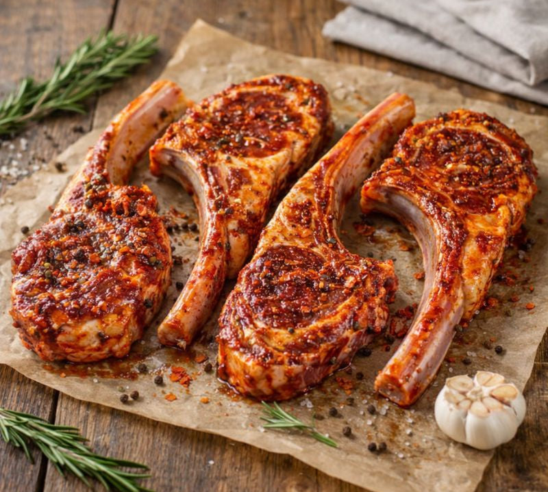 raw lamb chops on a wooden surface with herbs and garlic.
