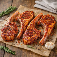 raw lamb chops on a wooden surface with herbs and garlic.
