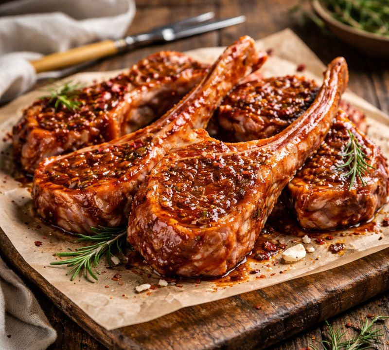 raw  lamb chops on a wooden cutting board with herbs