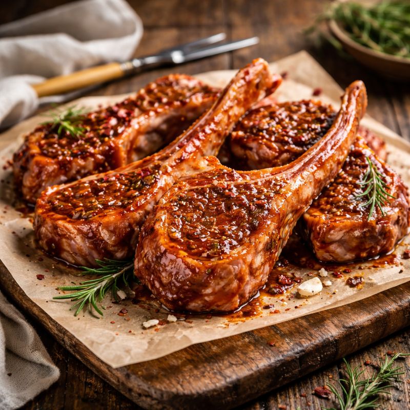 raw  lamb chops on a wooden cutting board with herbs