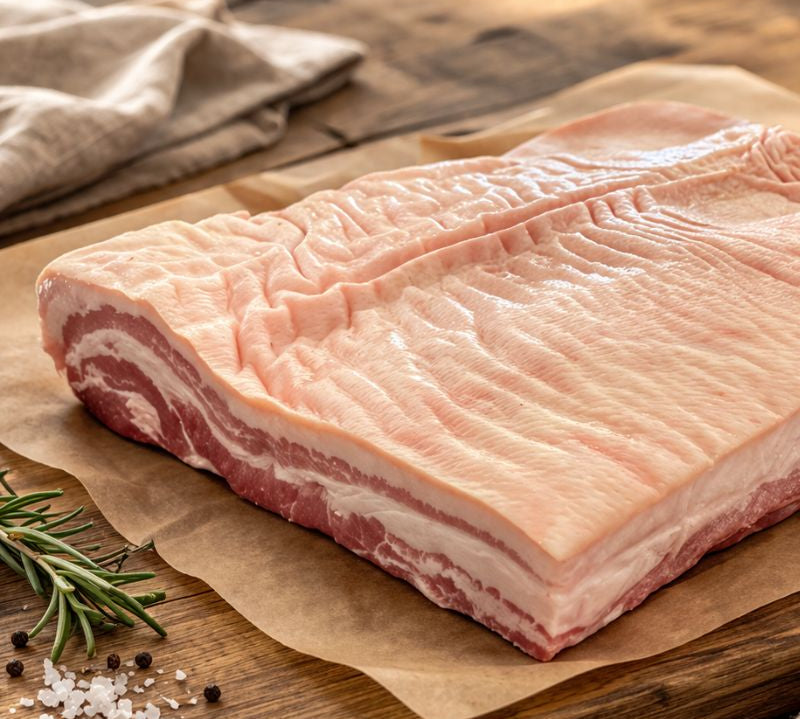 Raw pork belly on a wooden cutting board with rosemary and salt
