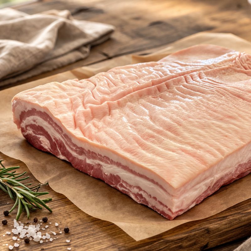 Raw pork belly on a wooden cutting board with rosemary and salt