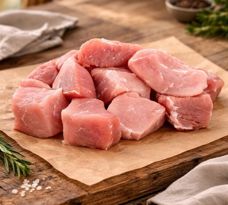 British diced pork cubes – free-range lean pork pieces for casseroles, stir-fries and kebabs available to buy online