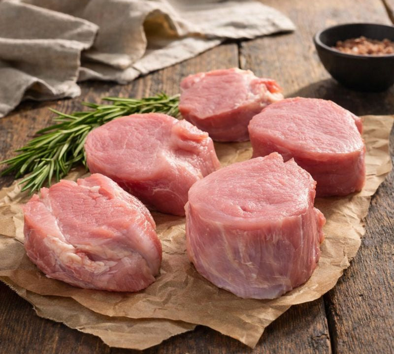 Raw pork fillet medallions on a wooden surface with rosemary and a bowl of spices