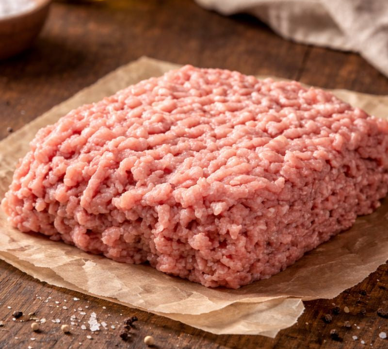 Raw ground pork meat on a wooden cutting board with sage leaves and a cloth in the background