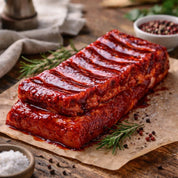 Slab of extra-meaty pork ribs brushed with red Char Siu glaze on a board with dipping sauce – The Black Farmer.