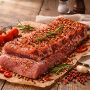 Stack of seasoned raw meat on a wooden cutting board with herbs and salt.
