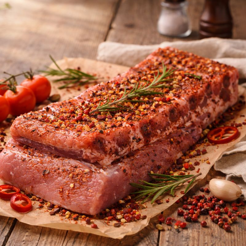 Stack of seasoned raw meat on a wooden cutting board with herbs and salt.
