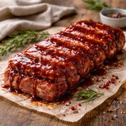 Slab of extra-meaty sticky-BBQ pork ribs on a wooden board with glaze bowl and herbs – The Black Farmer.