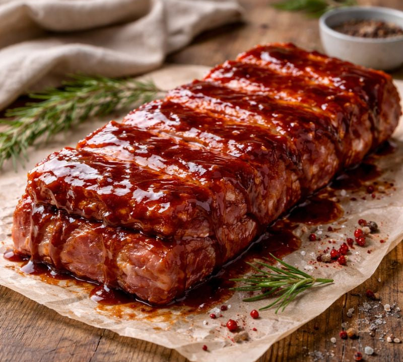 Slab of extra-meaty sticky-BBQ pork ribs on a wooden board with glaze bowl and herbs – The Black Farmer.